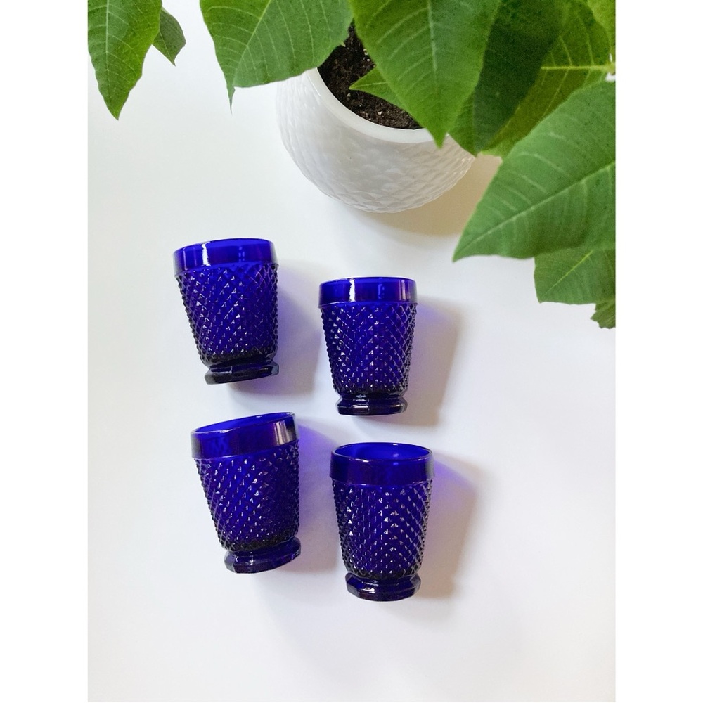 Vintage Cobalt Blue Diamond Point Tumblers Set of 4 Vintage Blue Glasses 1930s